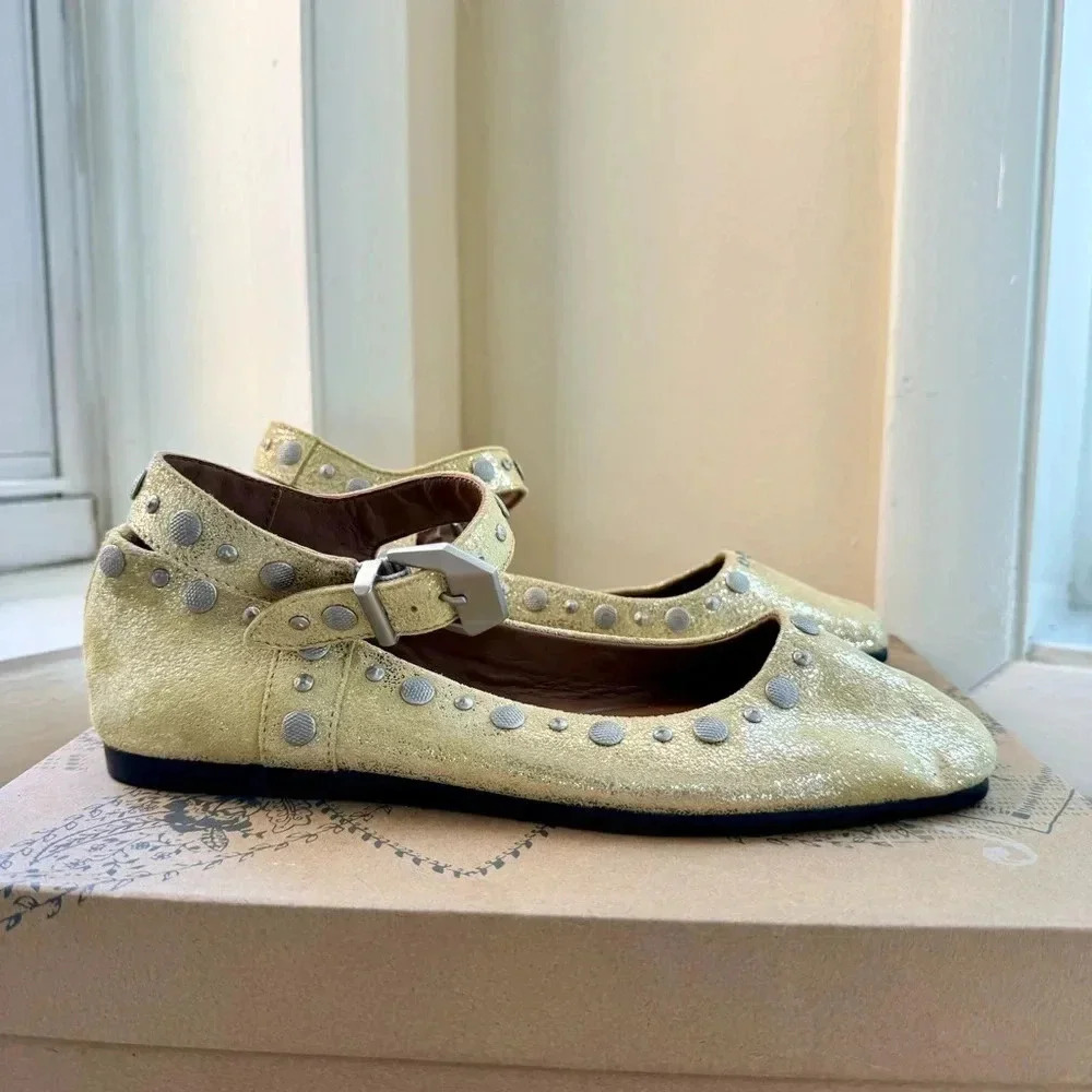 New Free People Mystic Mary Jane Flats Studded Yellow 7 - Picture 3 of 15